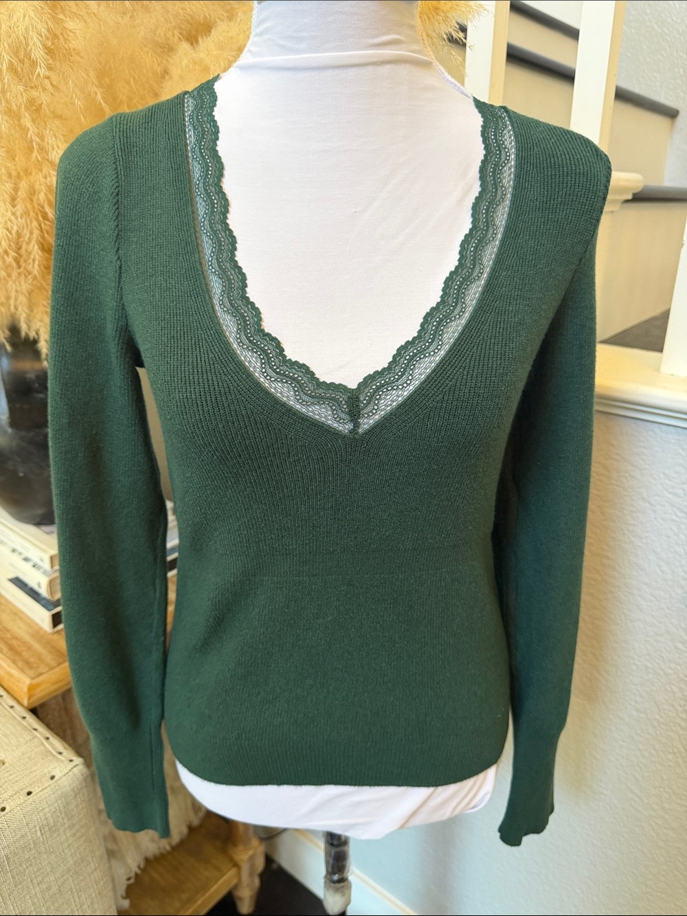 Anthropologie Scallop Lace-Trim Green Long Sleeve Ribbed Sweater Size Small - Picture 3 of 8
